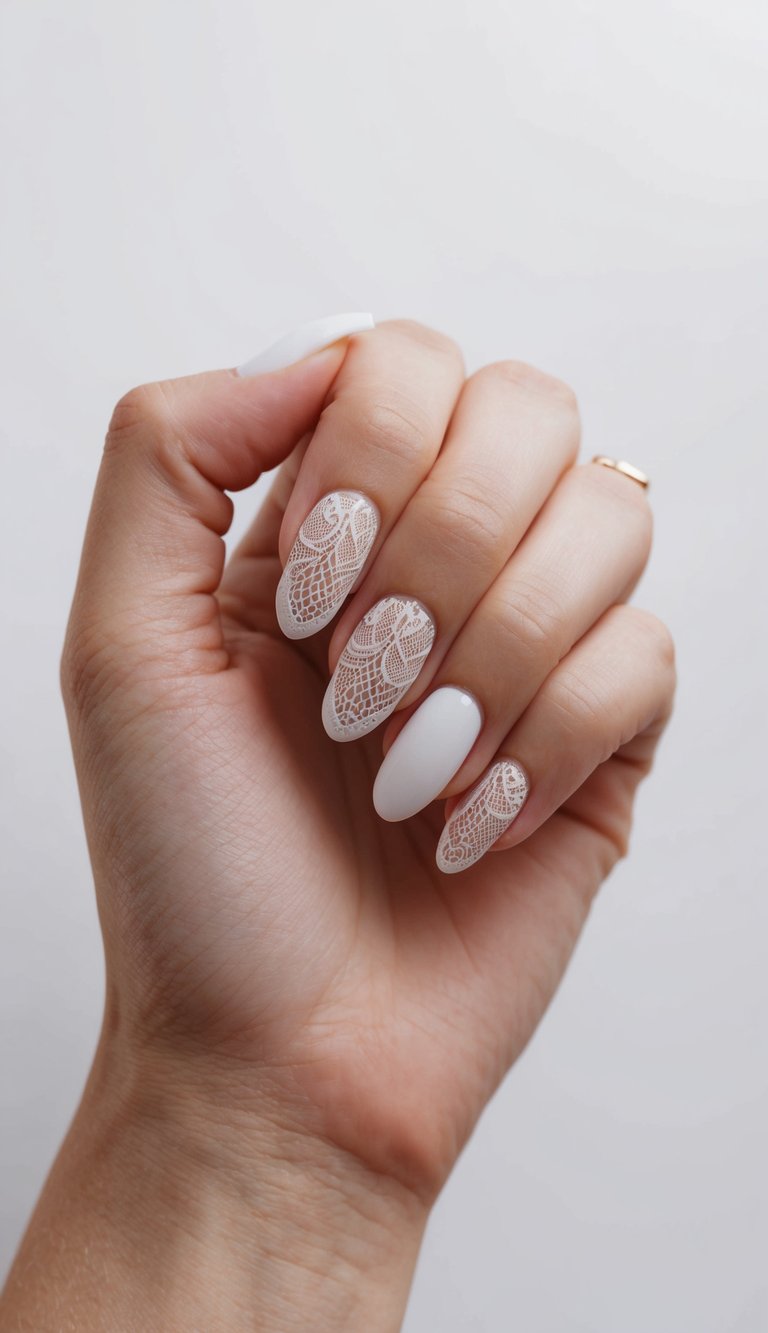 A clean, modern hand with minimalist nail art in a lace effect