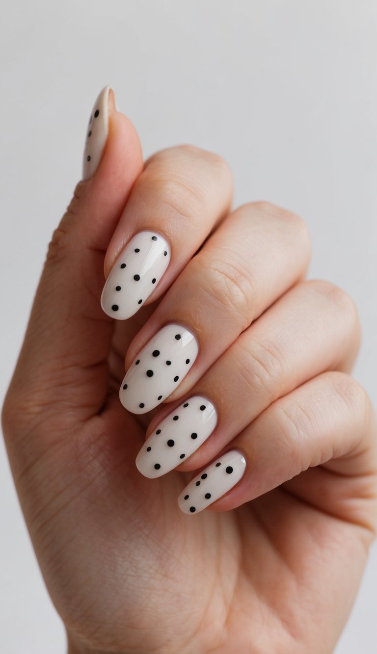 A clean, chic nail art design featuring a simple dot pattern in a minimalistic style
