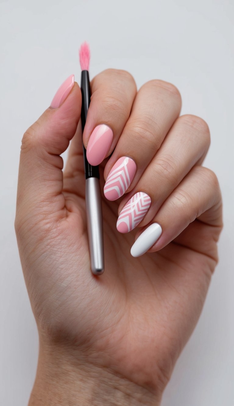 A hand holding a nail polish brush, painting pink and white designs on a nail