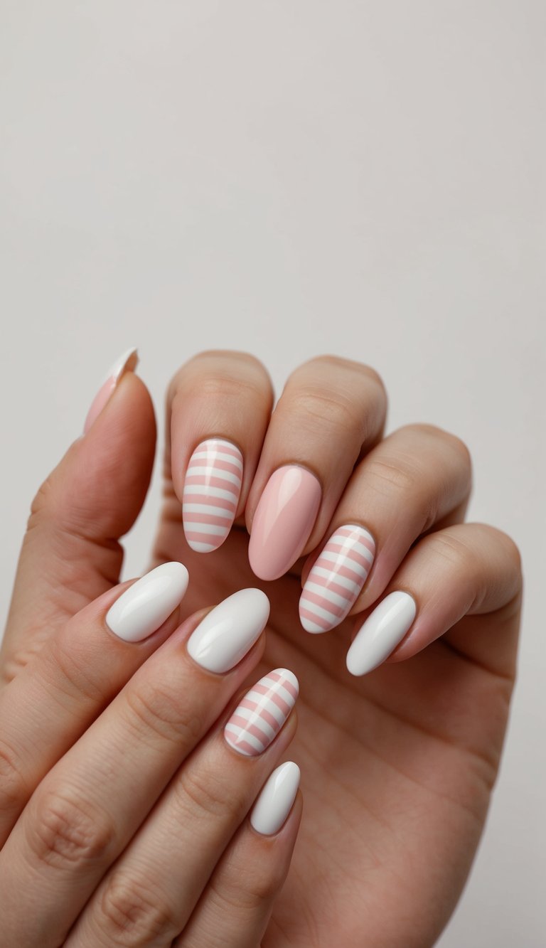 A clean, minimalist nail art design with alternating pink and white patterns on a neutral background