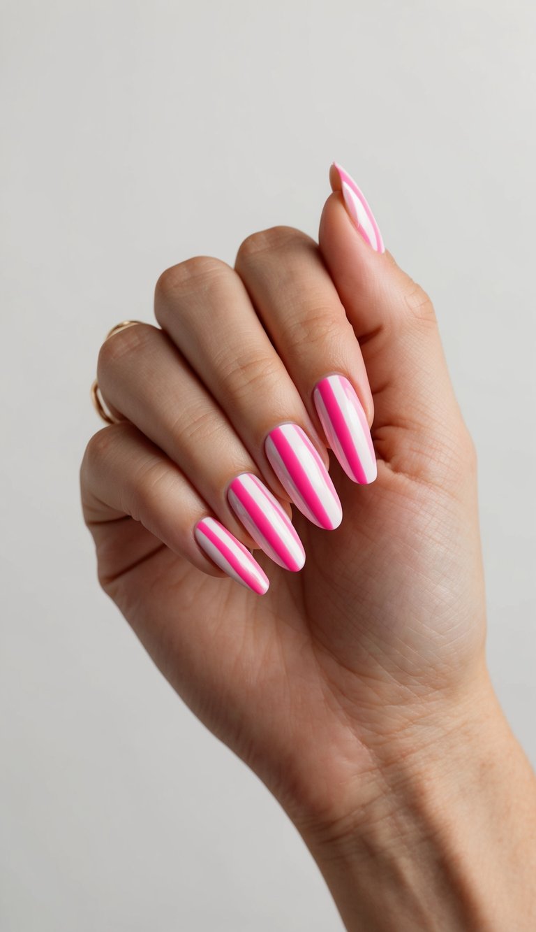 A hand displaying pink and white zig-zag nail art on a clean, neutral background