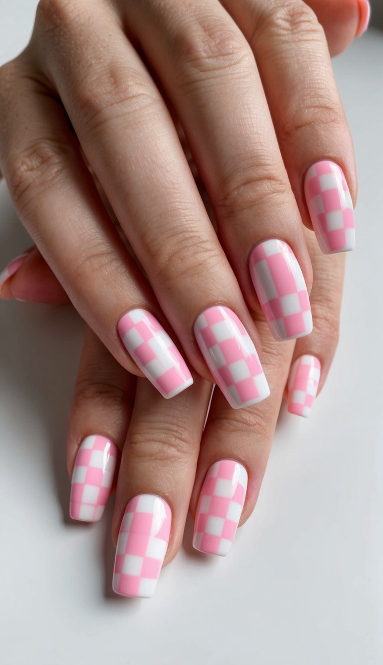A close-up of pink and white checker nail art on a smooth, clean surface