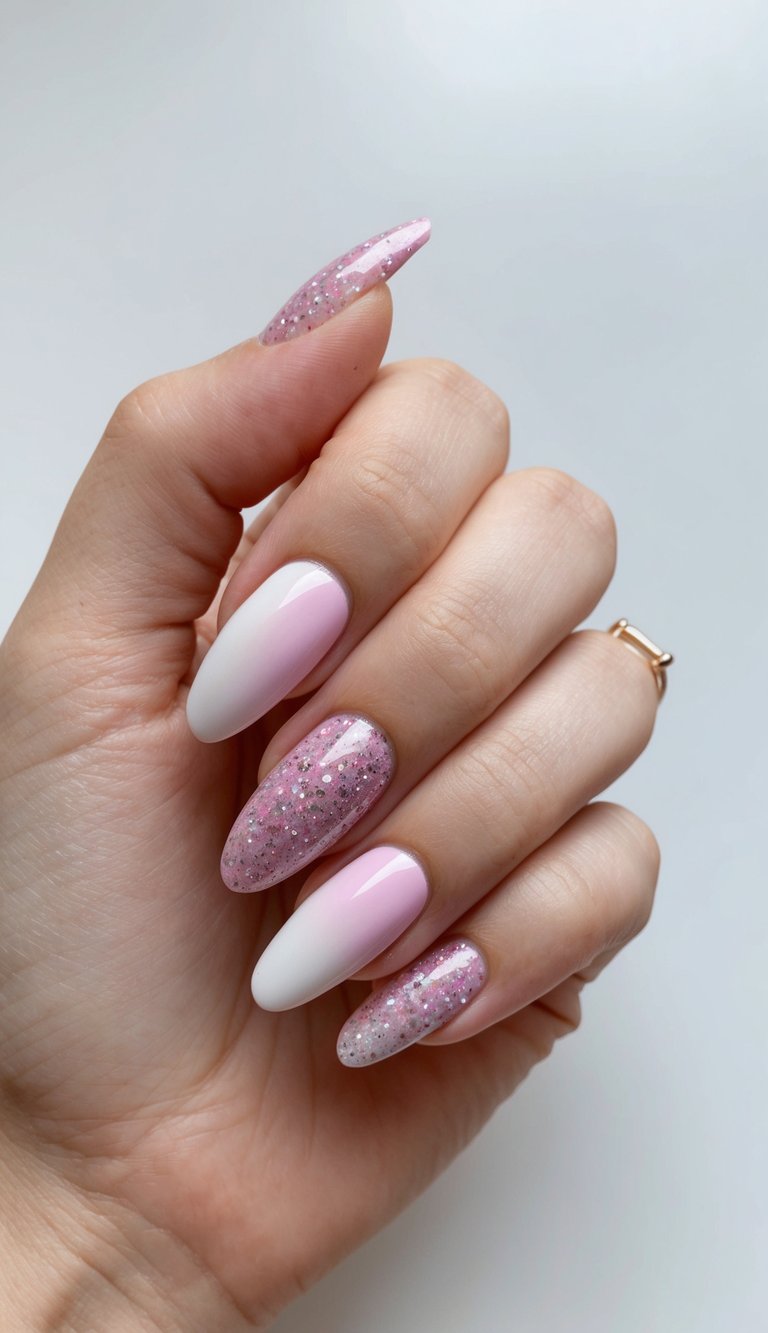 A gradient glitter ombre design with pink and white nails, showcasing classic nail art ideas