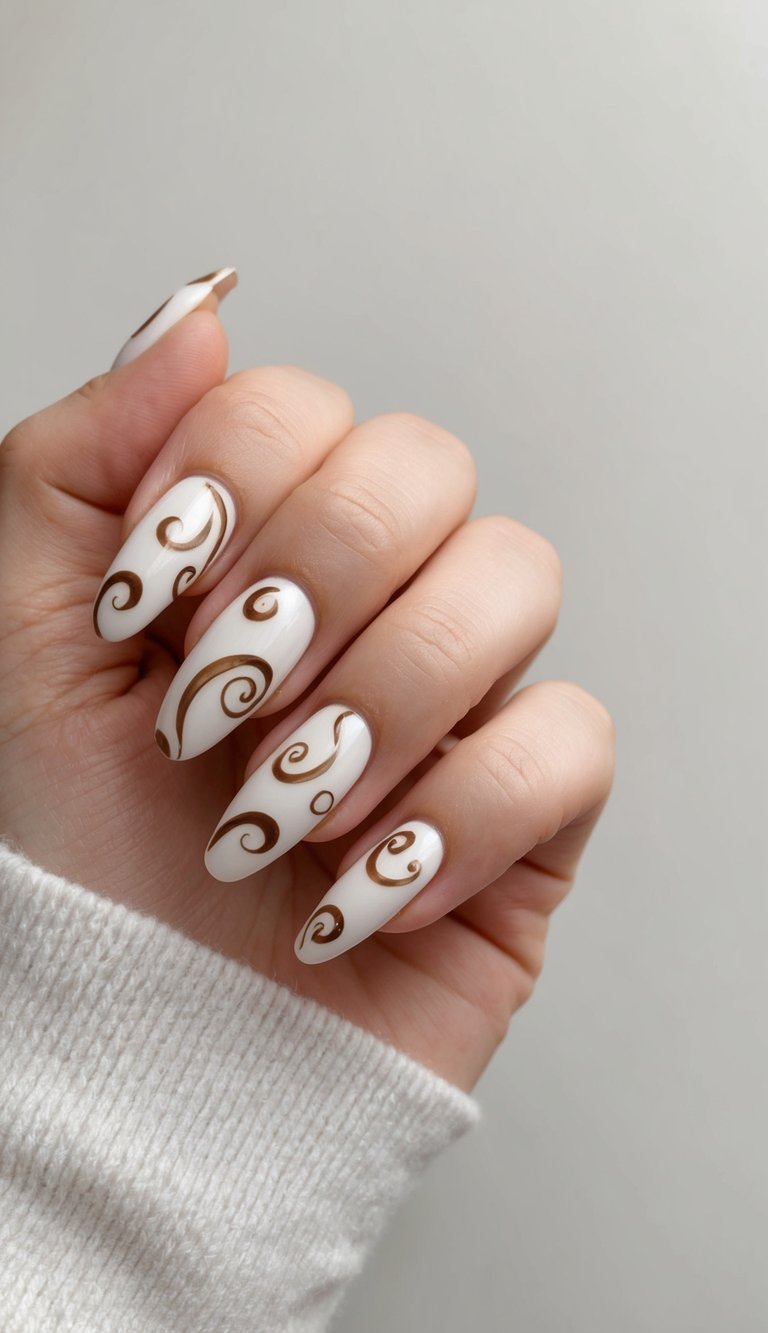 A close-up of nails adorned with delicate brown swirls on a neutral background