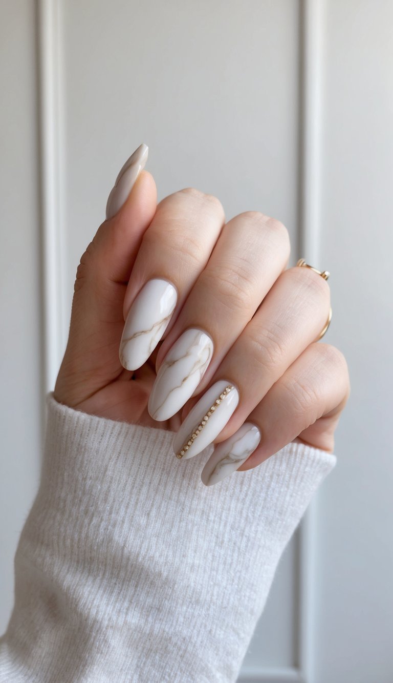 A marble nail art design with soft, neutral colors, set against an elegant and sophisticated backdrop