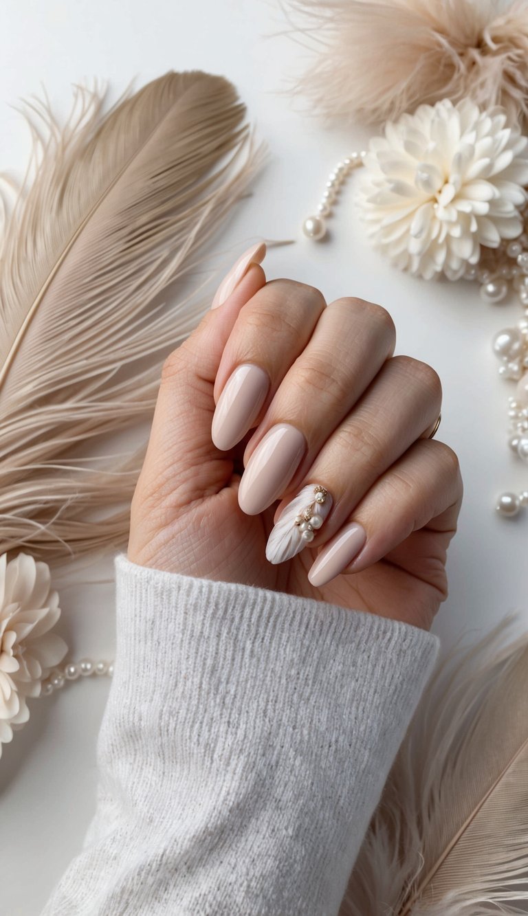 A hand holding a glossy buff nail with neutral nail art, surrounded by soft, neutral-toned elements like feathers, pearls, and flowers