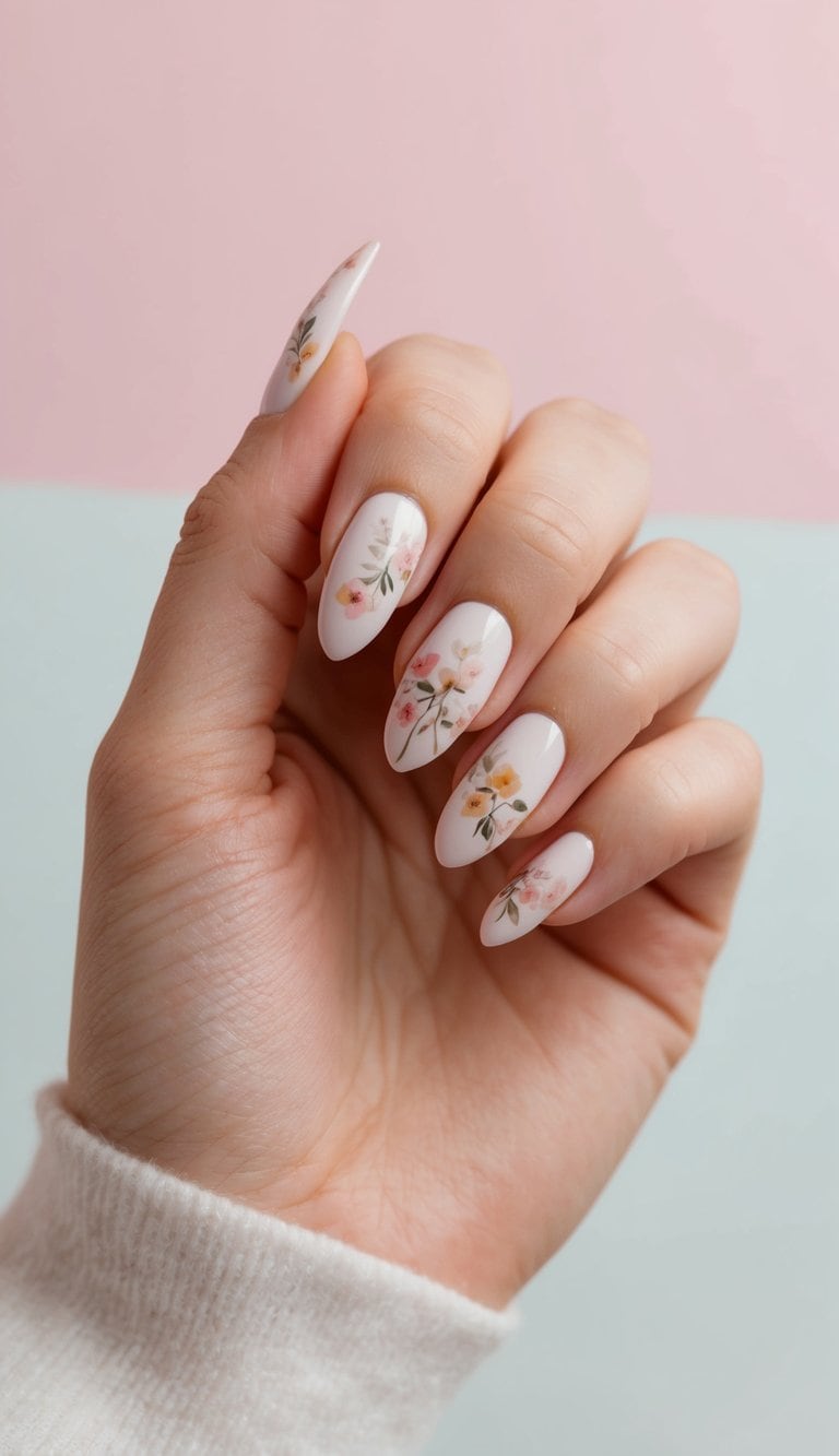 Almond short nails with delicate floral art, set against a soft pastel background