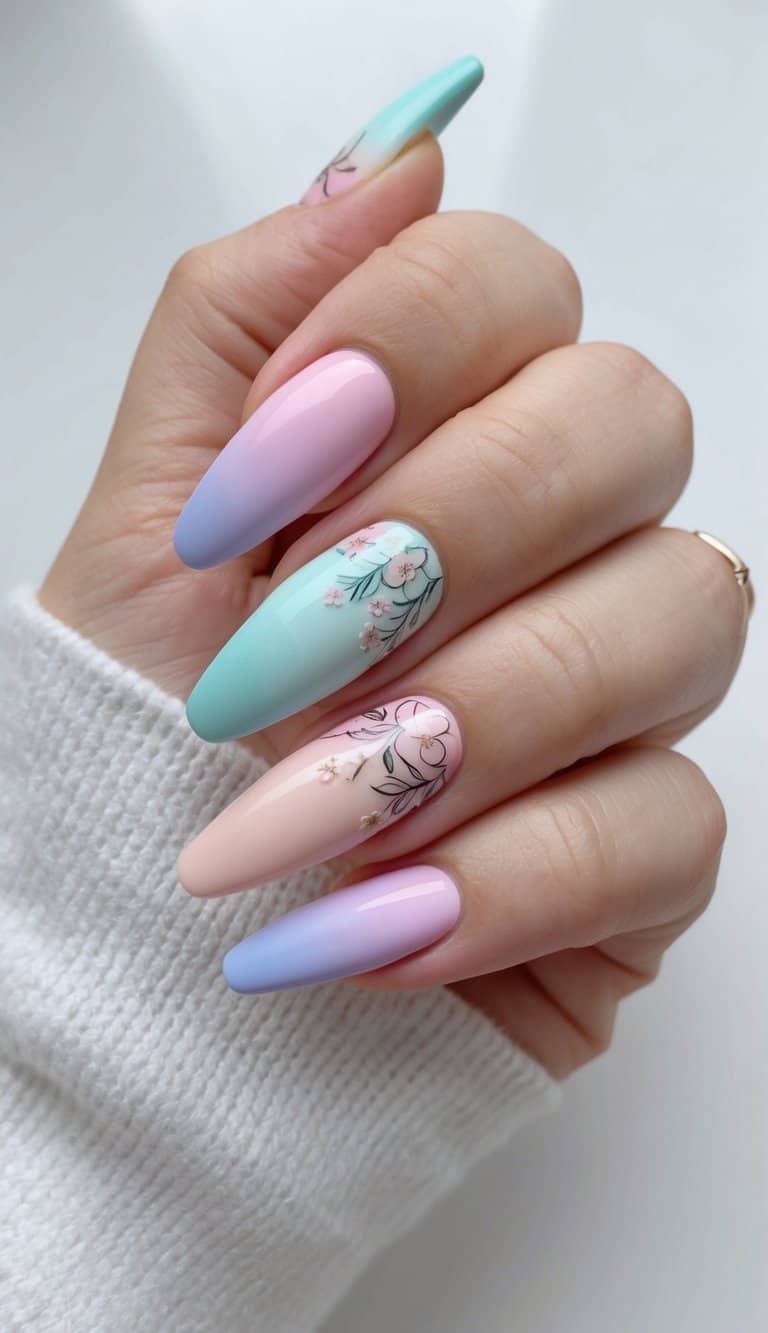 A set of pastel ombre nails arranged in a gradient pattern, with delicate floral accents and intricate designs