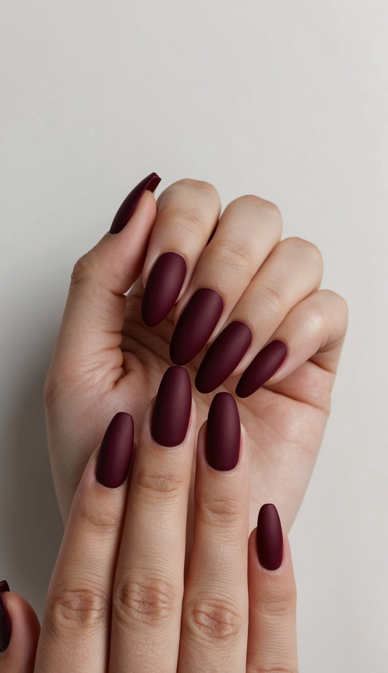 Matte burgundy nails with glossy tips on a neutral background