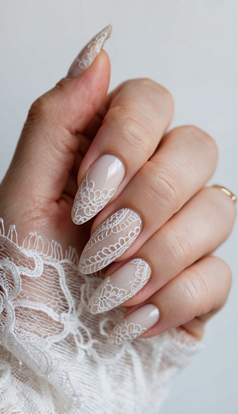 A close-up of delicate lace-inspired nail art in neutral tones, with intricate patterns and soft, elegant details