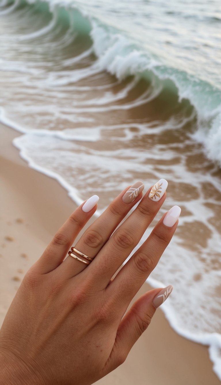 Soft white-tipped waves crashing against a sandy shore, with neutral nail art designs scattered across the scene