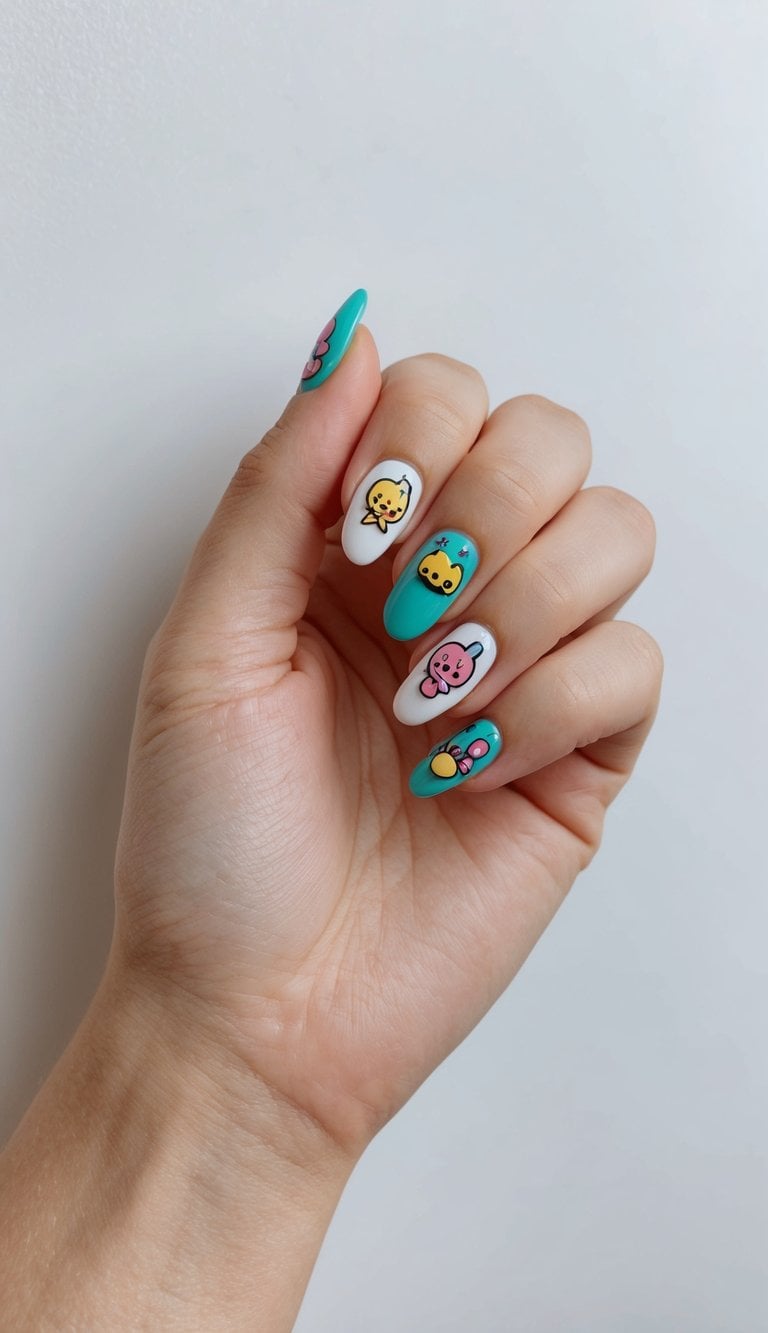 A cute cartoon character with colorful nail art designs