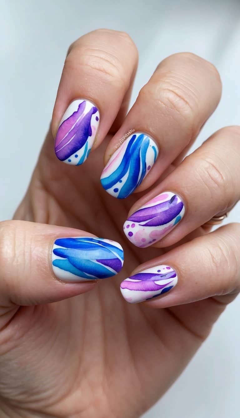 Vibrant watercolor swirls on nails, blending hues of blue, pink, and purple. Intricate patterns and delicate details create a pretty and artistic nail design