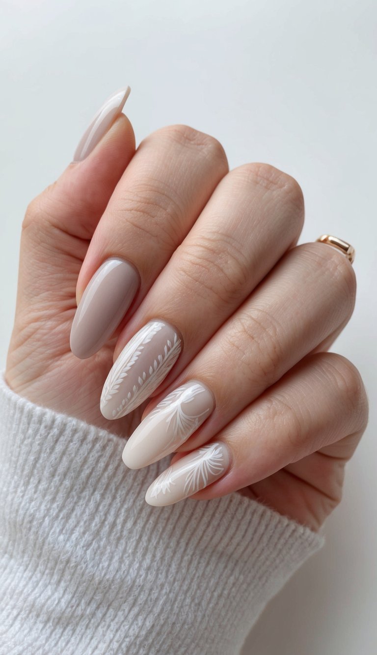 A serene scene of neutral nail art designs, featuring soft and timeless colors, with delicate and intricate patterns