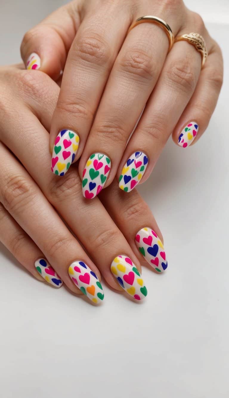 A close-up view of colorful heart pattern nails on a clean, neutral background