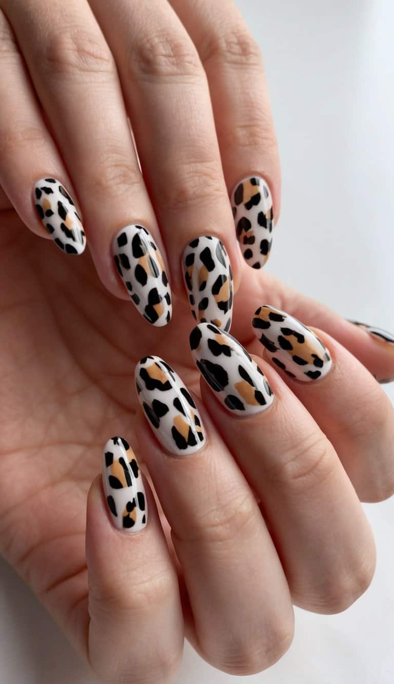 A close-up of animal print French tips on a set of manicured nails