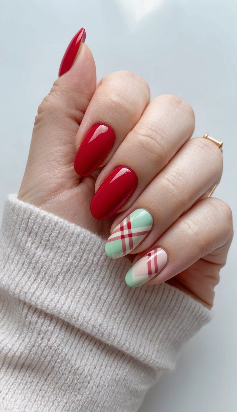 A classic red manicure with a plaid accent, featuring pastel tones for a preppy nail art idea