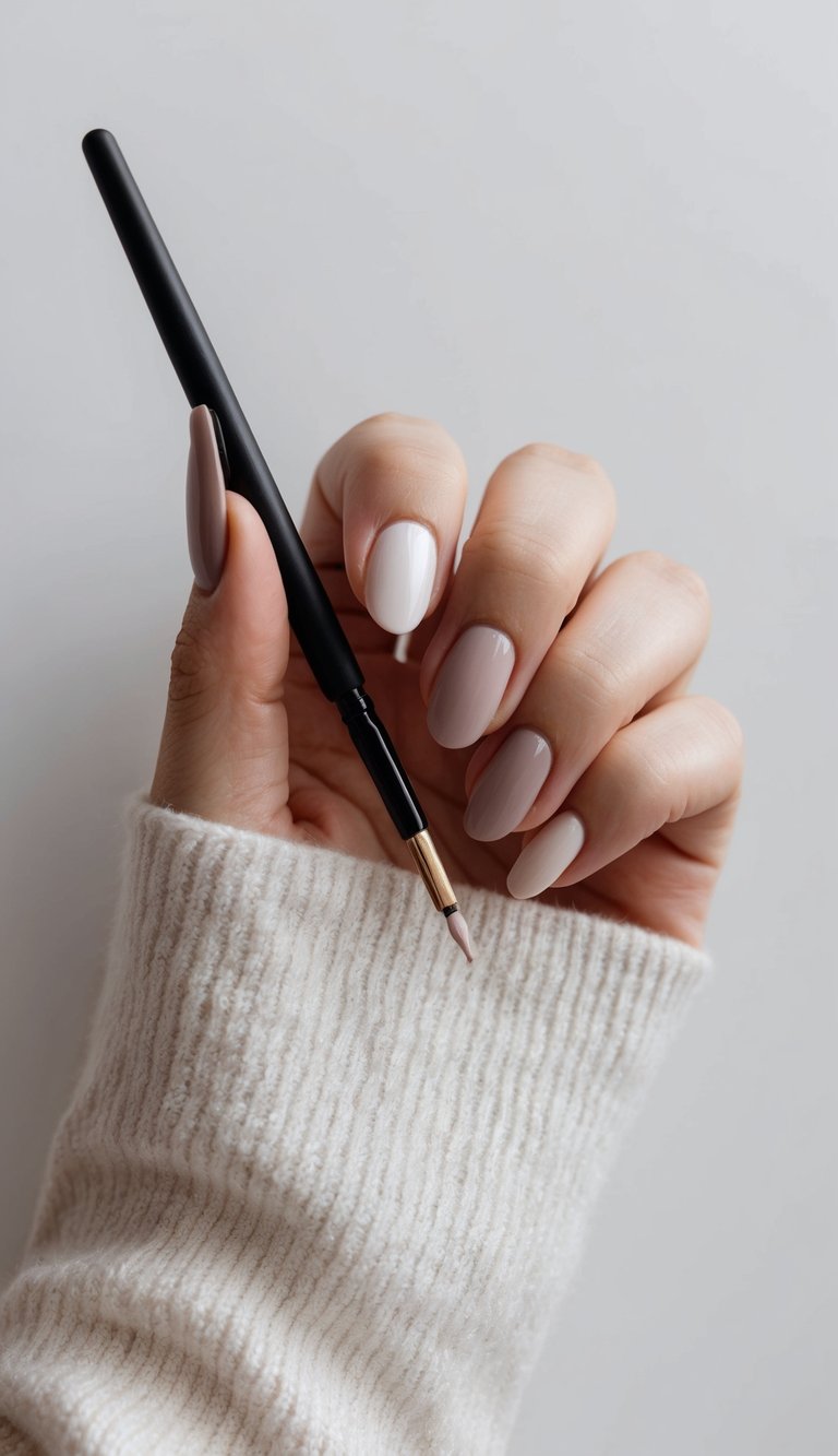 A hand holding a nail polish brush applying soft, neutral colors onto elegant, manicured nails