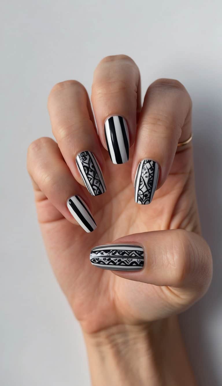 A close-up of striped black and white nails with intricate designs