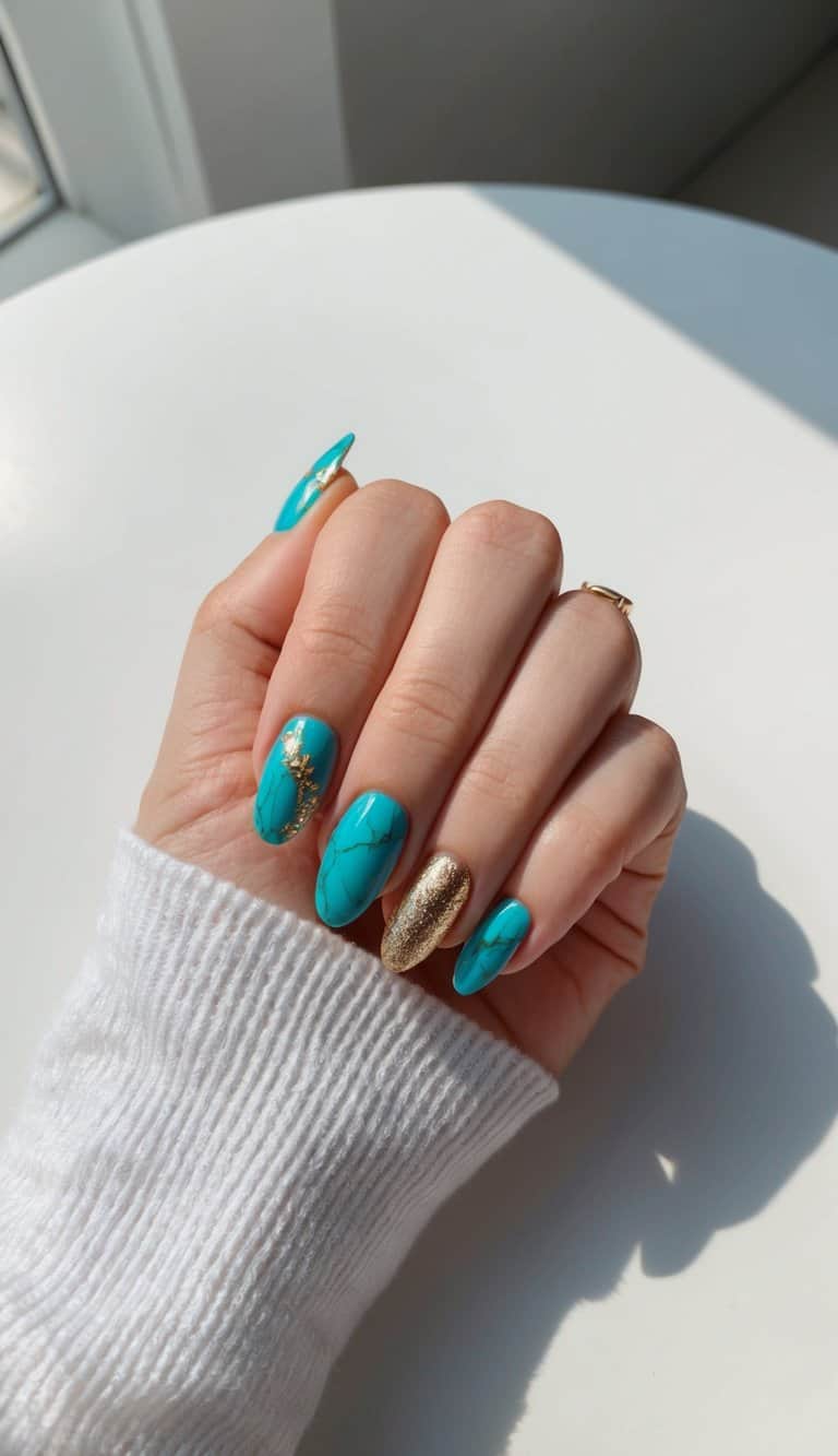 A set of turquoise and gold marble nails displayed on a clean, white surface with soft lighting to highlight the intricate details