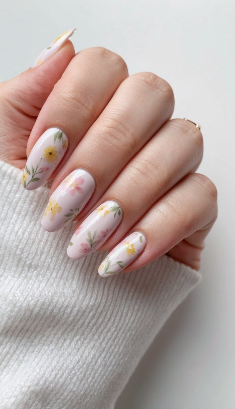 A close-up of nails with delicate floral patterns in pastel hues