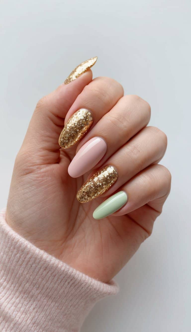 Golden glitter French tips on pastel-toned nails, with a preppy and trendy vibe