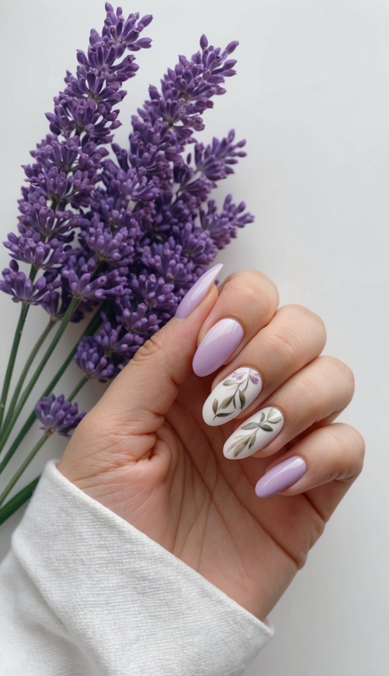 A serene scene of lavender flowers and soft neutral nail art designs