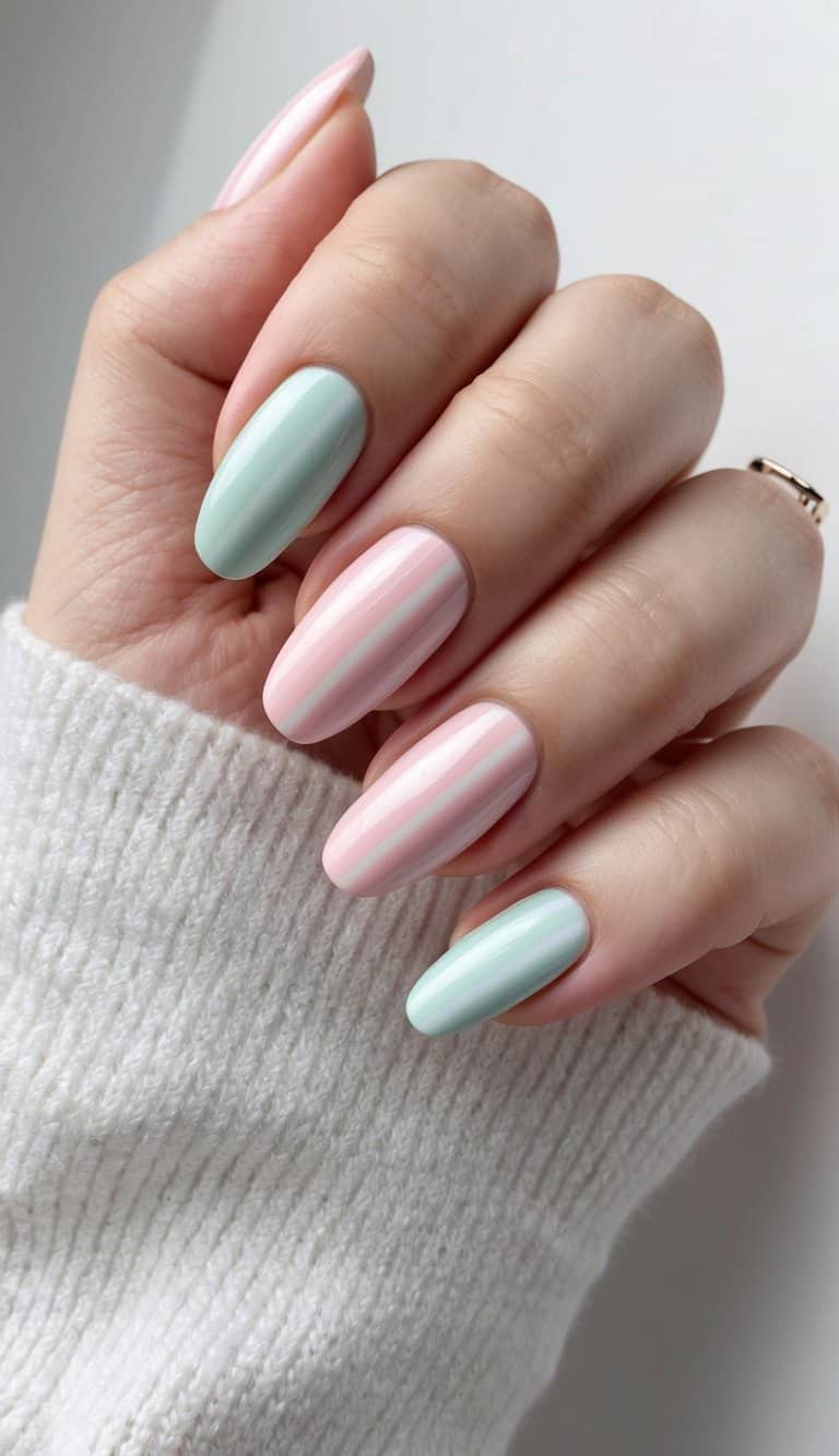 A set of candy cane striped nails in pastel tones for winter