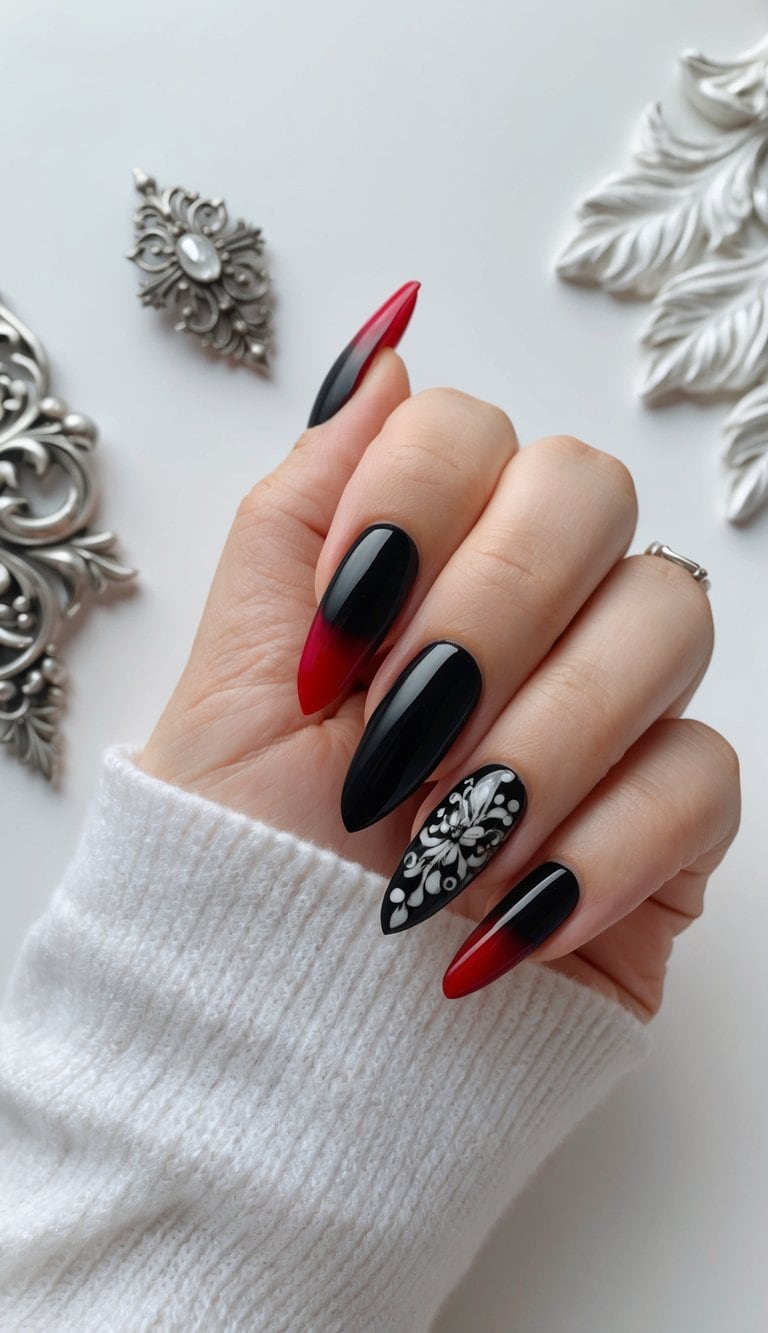 A gothic black nail with blood red tips, surrounded by elegant and intricate nail art designs