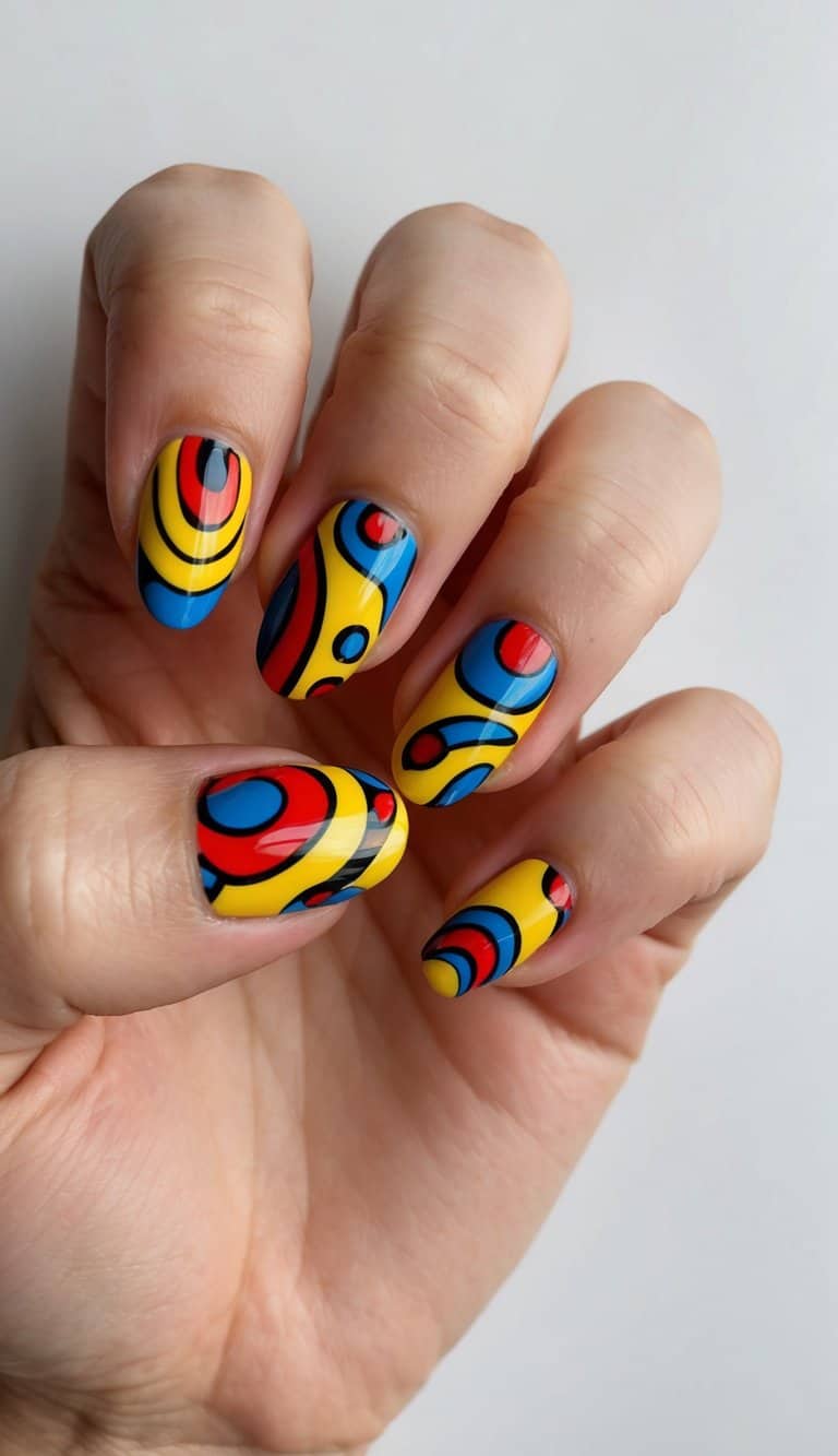 A colorful retro pop art nail design with bold patterns and vibrant colors