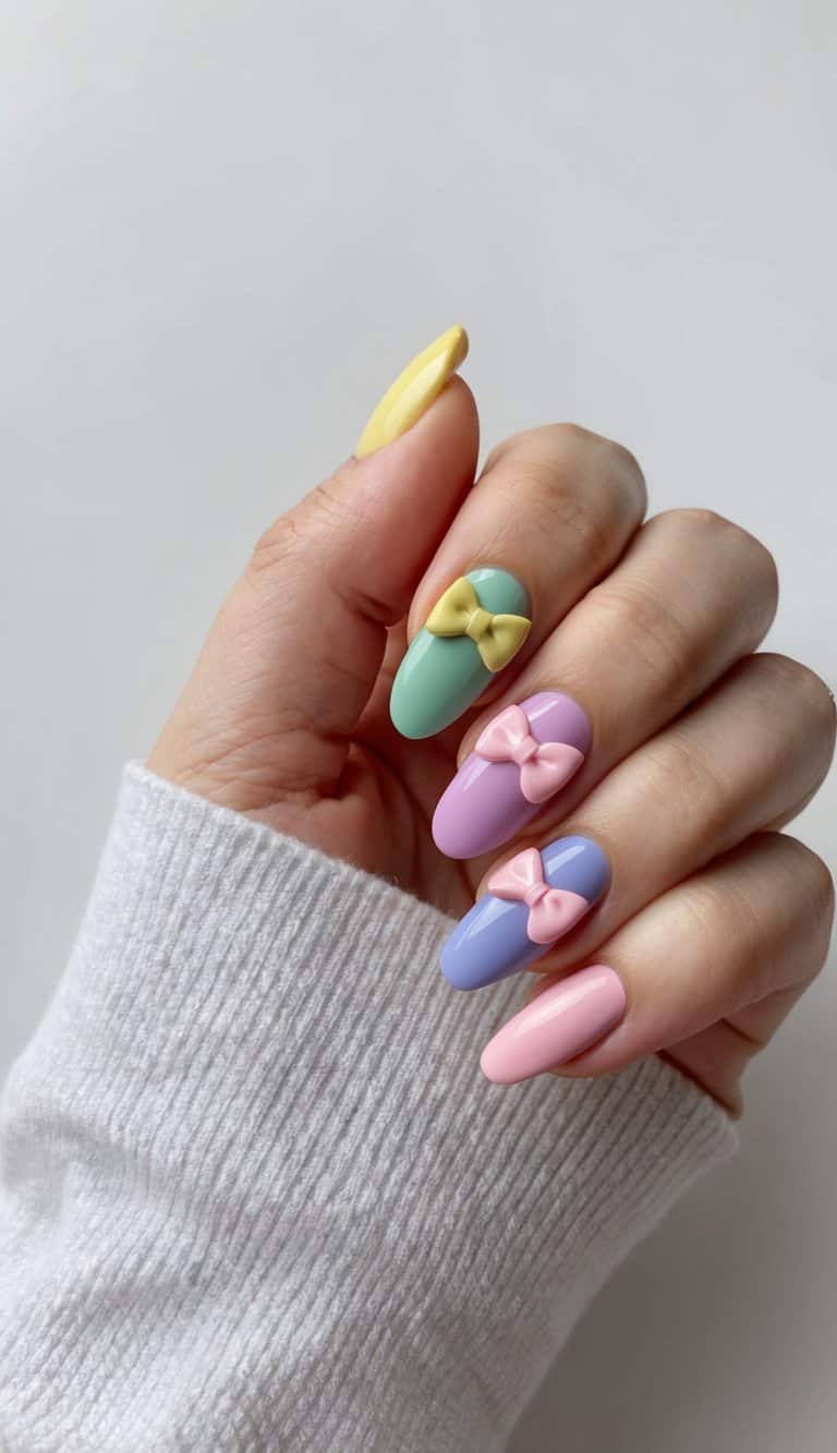 A close-up of colorful nails with charming bow accents