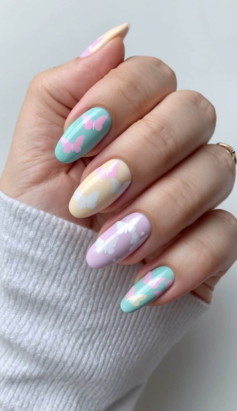 Butterfly patterns in pastel tones adorn preppy nails