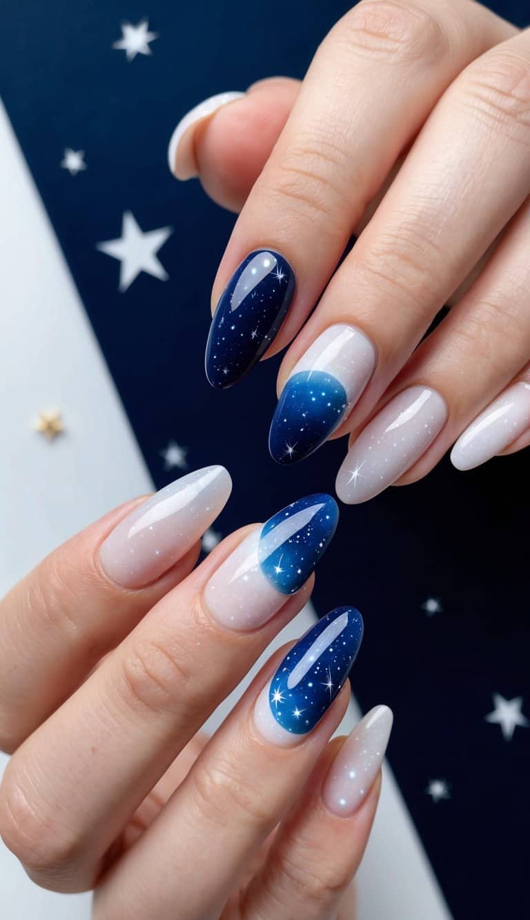 A night sky with a crescent moon and twinkling stars, set against a dark background