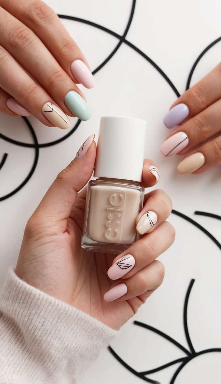 A hand holding a beige nail polish bottle, surrounded by black line art and pastel-colored nail designs