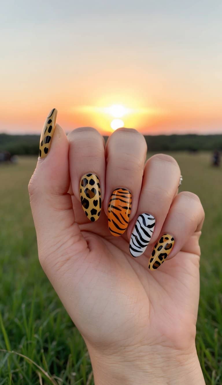 A giraffe, zebra, and tiger print nail art displayed on a grassy savanna with a sunset in the background