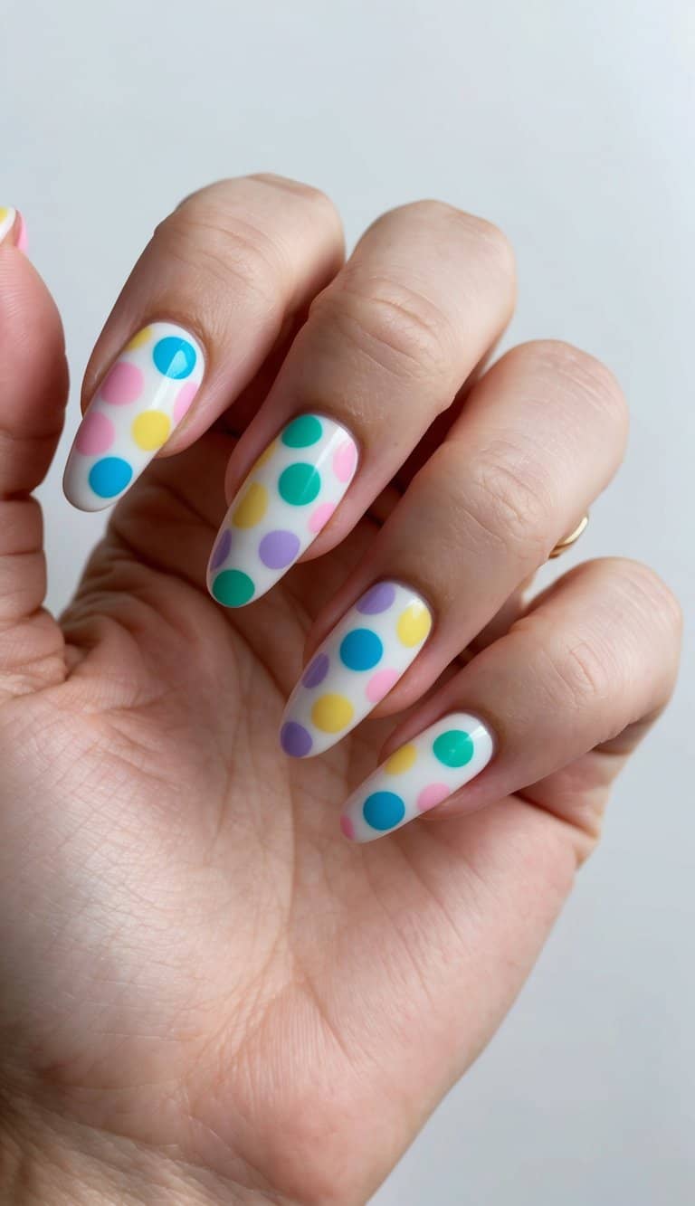 A colorful array of pastel polka dots on nails, creating a trendy and preppy nail art design
