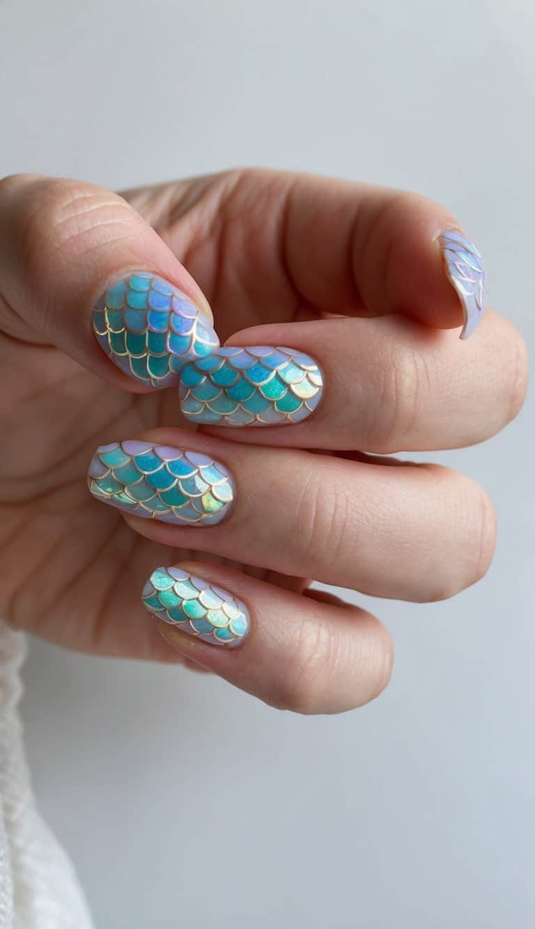 A mermaid scale nail art design with glistening pastel tones