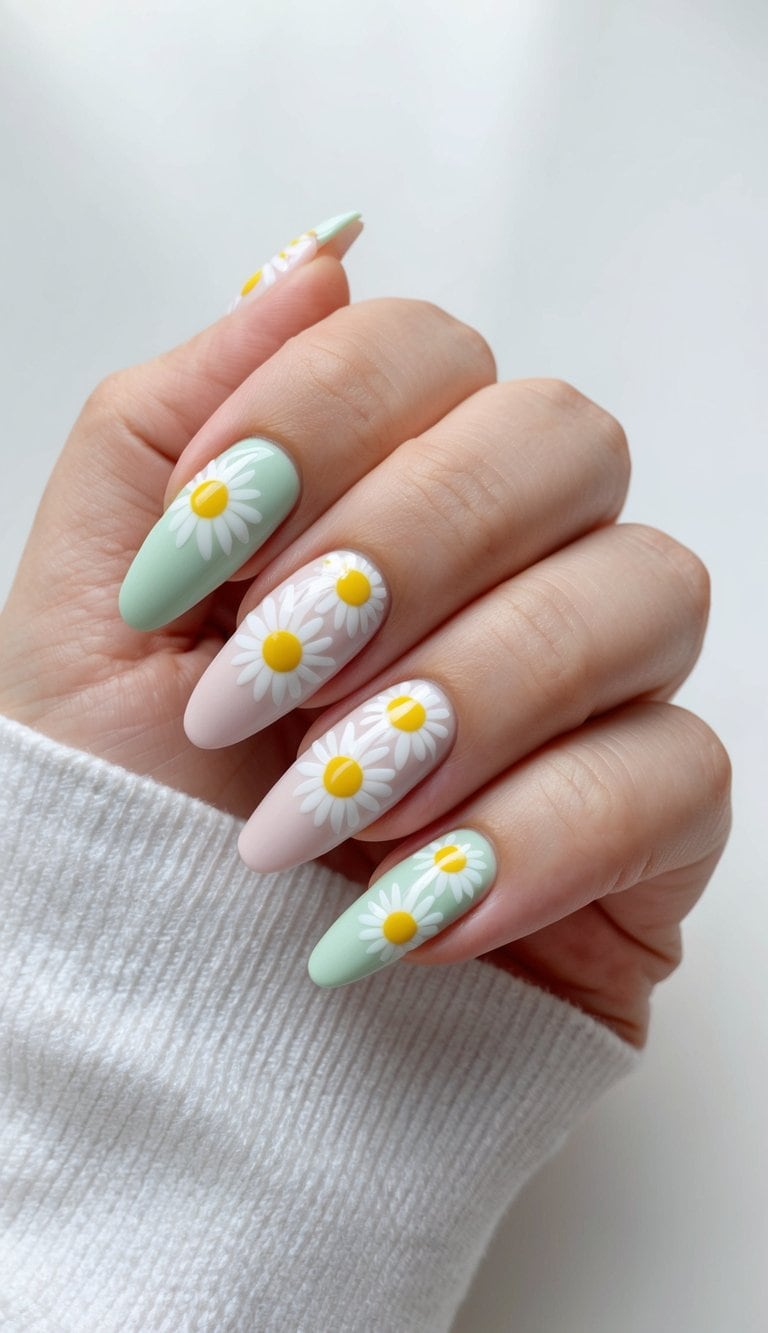 A white daisy patterned nail art design with pastel tones
