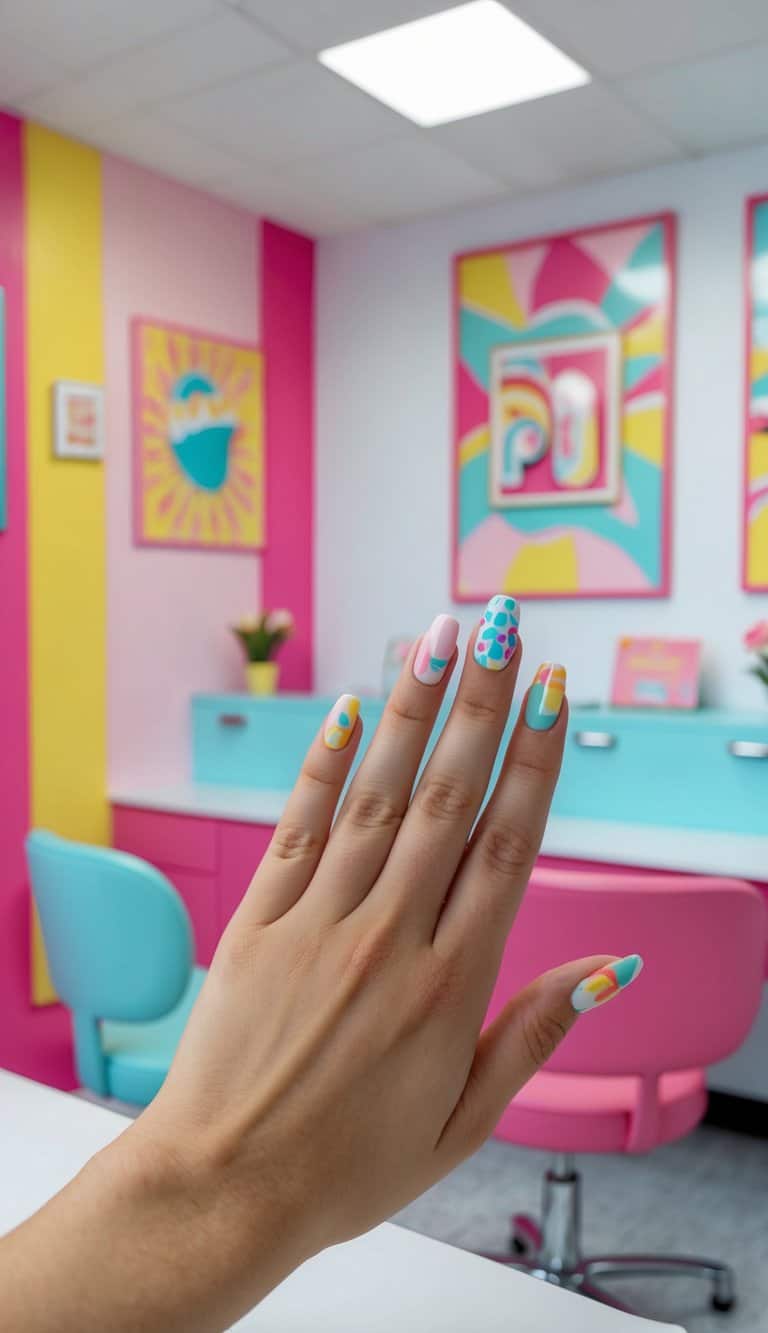 A vibrant nail salon with retro pop art decor, featuring pastel-toned nail art designs on display