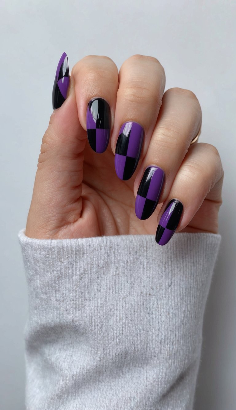 A checkerboard pattern of purple and black nails, arranged in a chic and dramatic design
