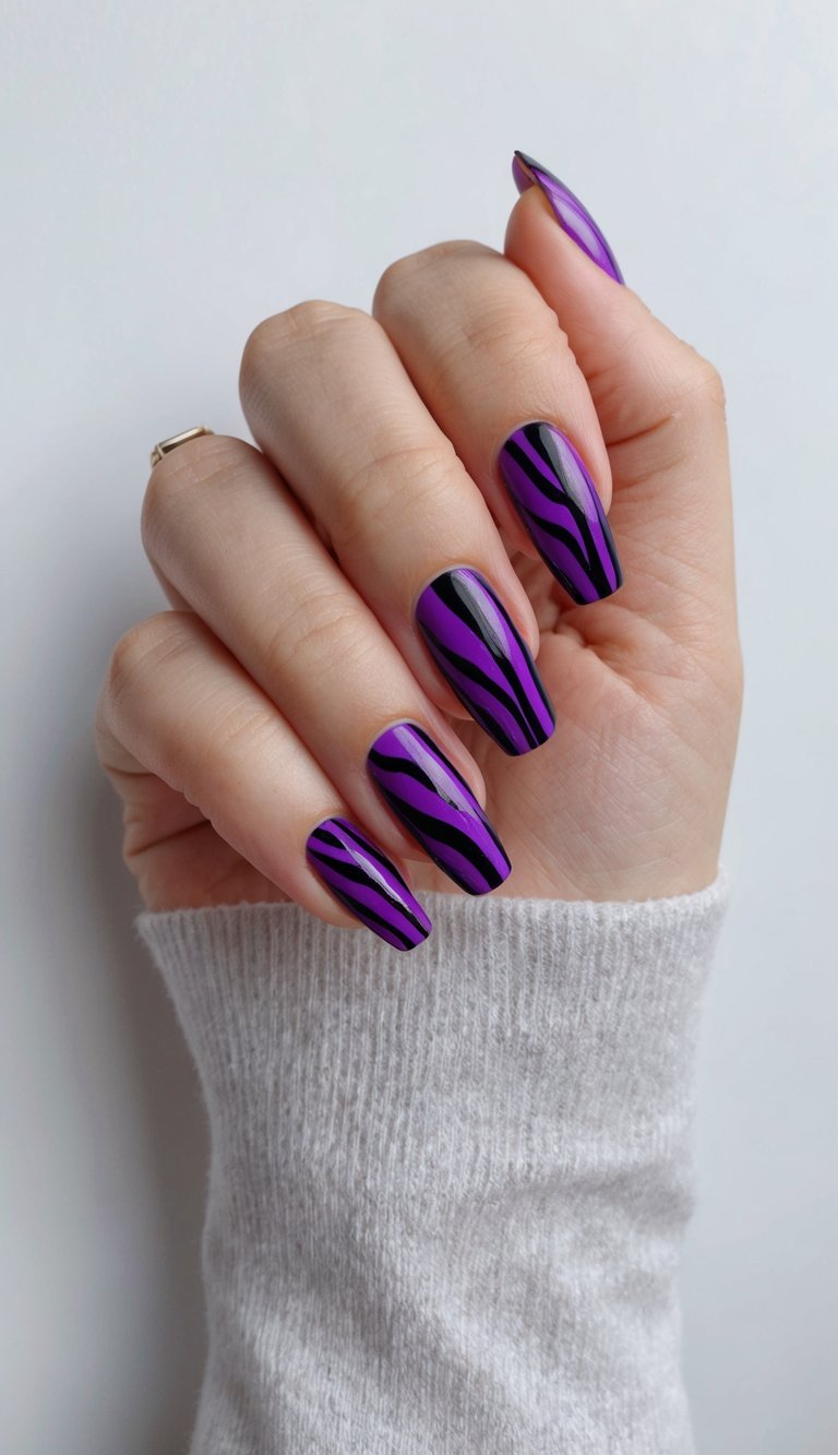Vibrant zebra stripes in purple and black on nail tips