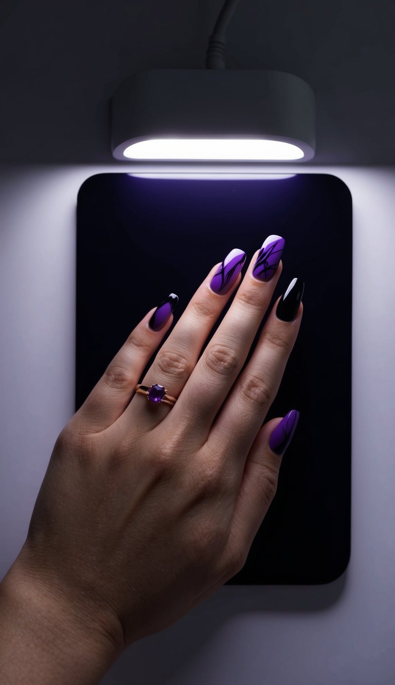 A glowing purple and black nail art set arranged on a dark, sleek surface under dim lighting