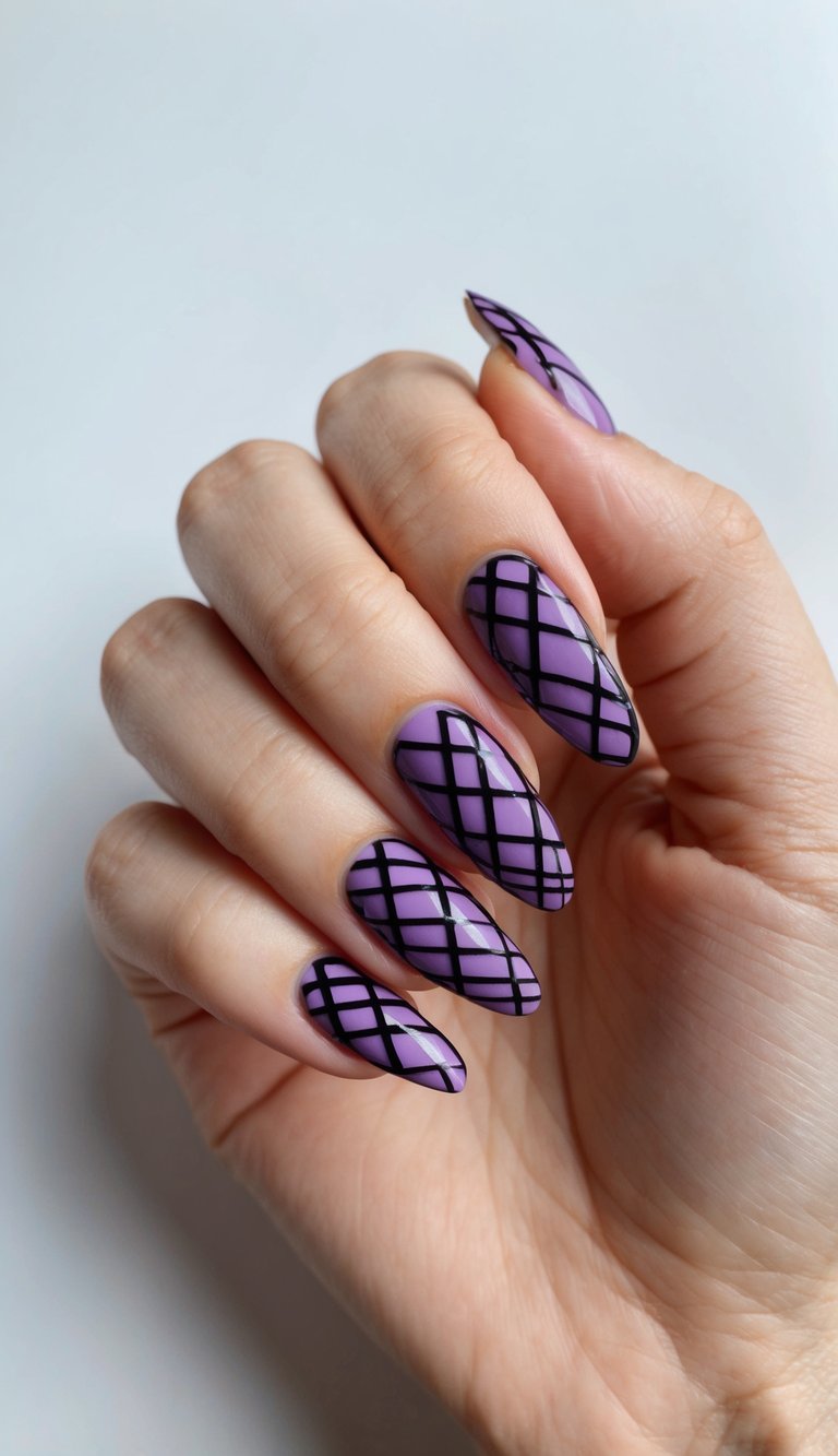 A close-up of purple and black lattice nail art designs