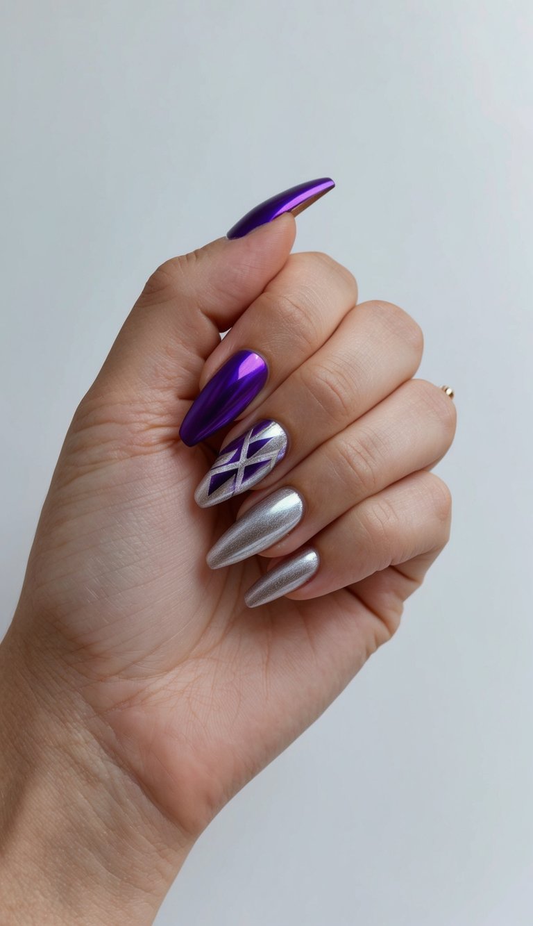 A collection of purple and silver geometric nail art designs on a clean, minimalist background