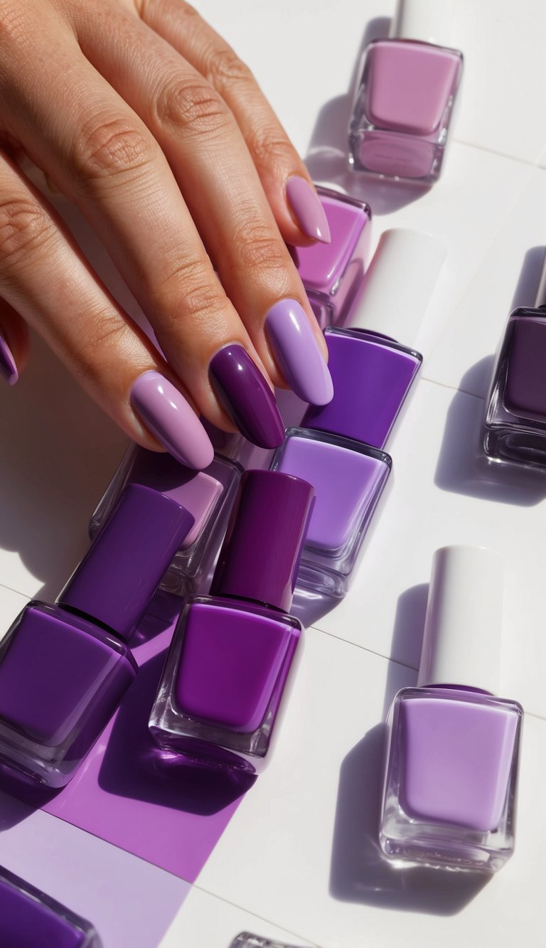 Various shades of purple nail polish bottles arranged in a patchwork pattern on a white background