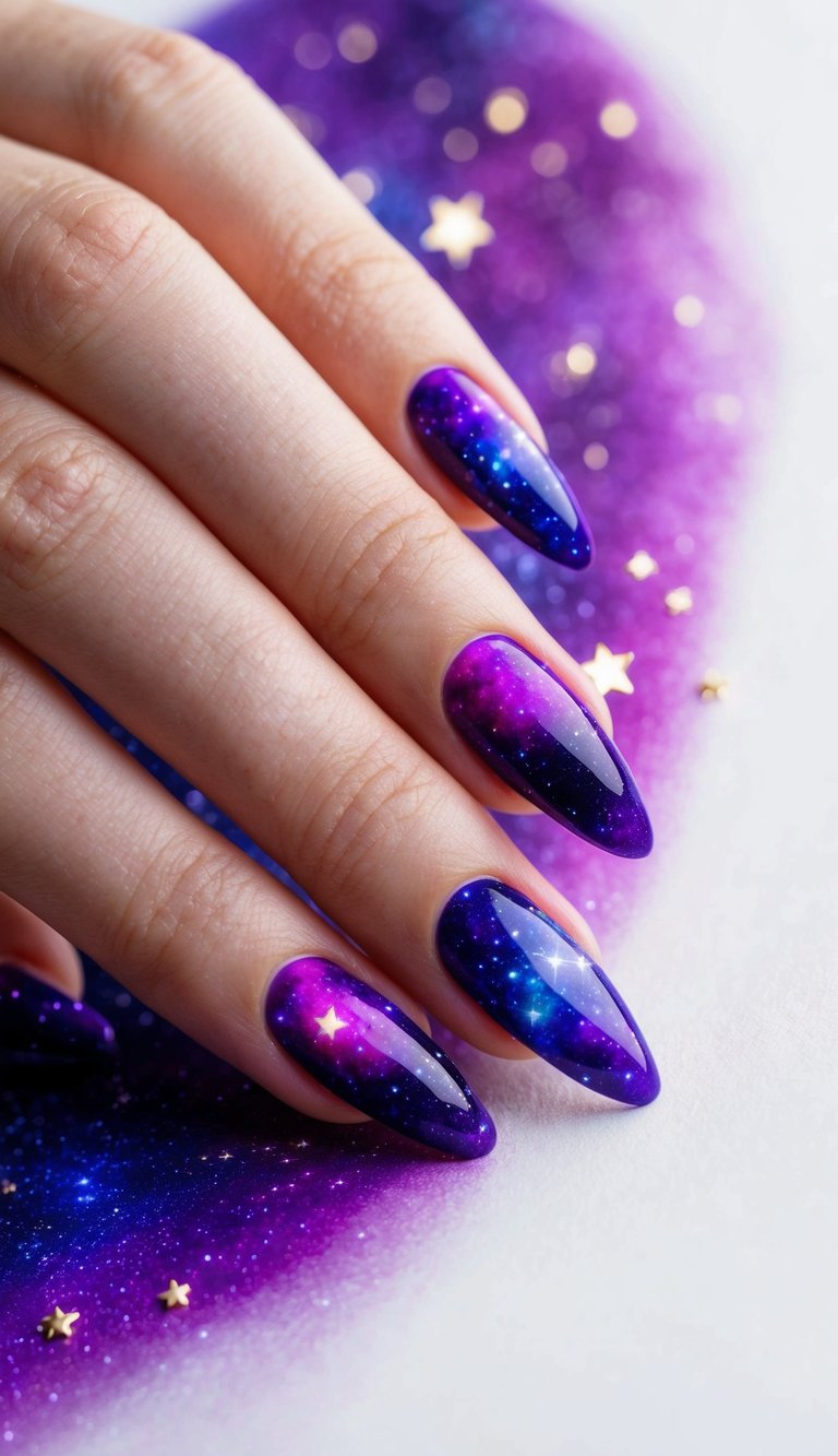 A vibrant purple galaxy with twinkling stars scattered across the cosmic backdrop