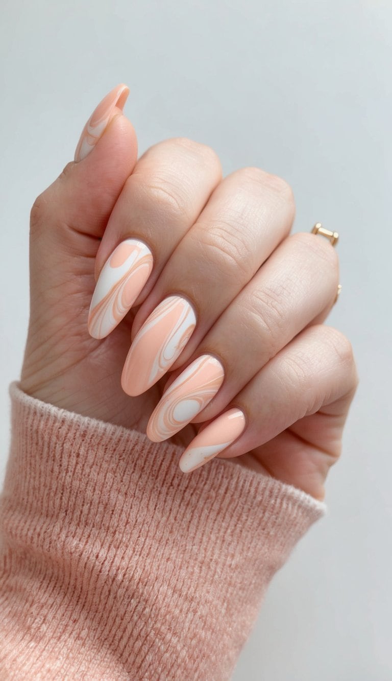 Peachy marble swirls nail art with soft and sweet peach color palette