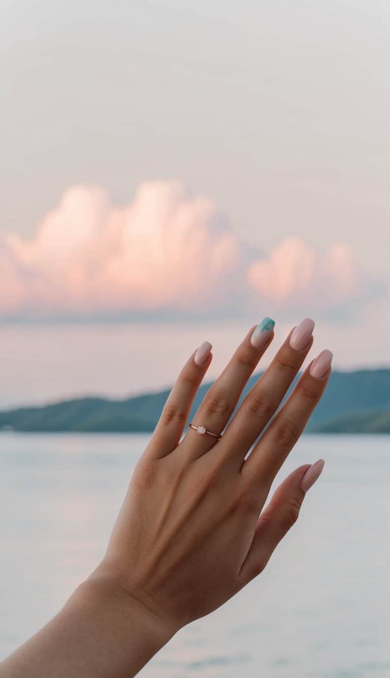 Soft peach pastel clouds over a serene landscape