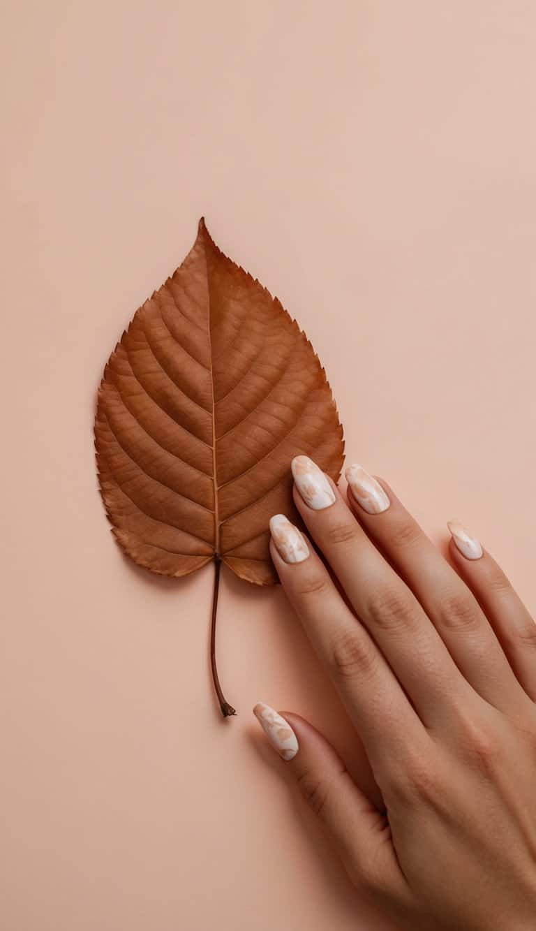 A rustic peach leaf resting on a soft peach-colored background