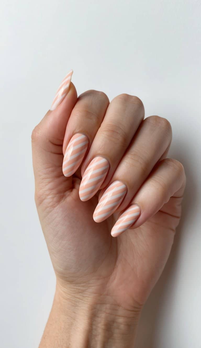 Diagonal peach stripes on nails, soft and sweet look